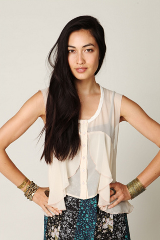 Free People FP New Romantics High Low Sheer Ruffle Buttondown Top
