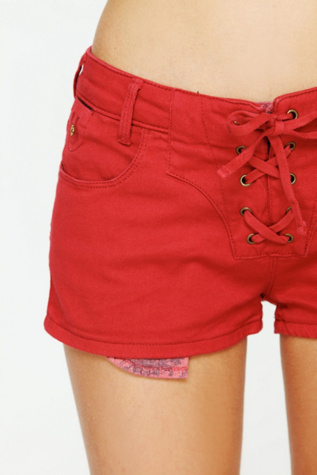 Red Lace Up Denim Shorts
