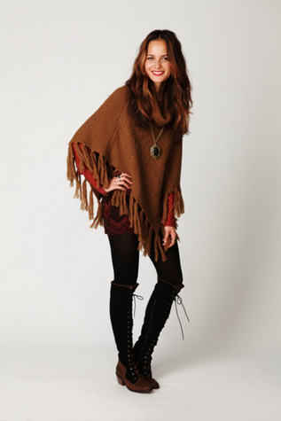 Cable Fringe T Neck Poncho