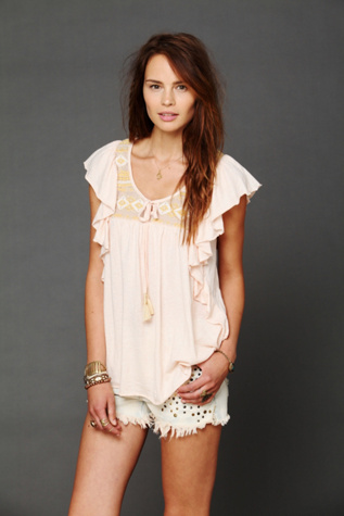 Free People Embroidered Flutter Sleeve Top