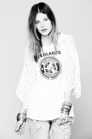 We The Free Pieced Lace Sleeve Tee in clothes-tops-graphic-tees